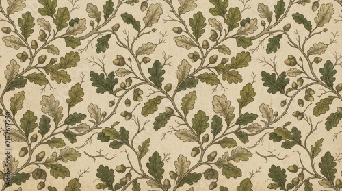 Seamless oak leaf and twig pattern in green and beige with background wallpaper botanical woodland illustration decorative