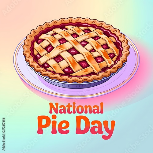 National pie day celebration poster featuring baked lattice cherry pie on plate celebration illustration homemade