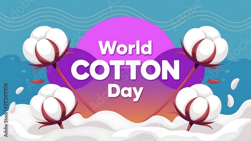 World cotton day banner illustration with cotton plant bolls on blue background plant boll white cotton industry