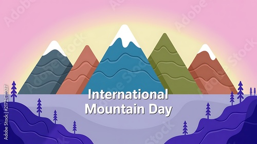 International mountain day celebration banner with range of colorful snowy peaks and evergreen trees