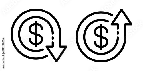 Set line black icon arrow up, down, left, right, round, circle with, money, dollar, euro, cash, currency, coins, exchange, savings, finance, support, logo, symbol, flat vector, isolated illustration.