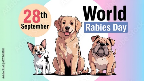 World rabies day vector illustration featuring three different cute dogs on pastel background