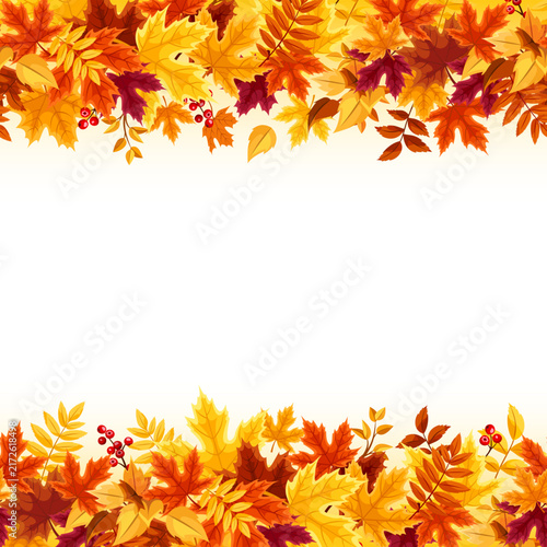 Horizontal seamless border with colorful autumn leaves. Autumn maple leaves, rowan leaves, ash leaves, elder leaves. Vector illustration