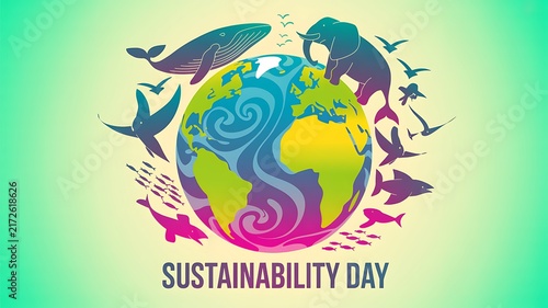 Sustainability day conceptual design featuring planet earth surrounded by animals and nature