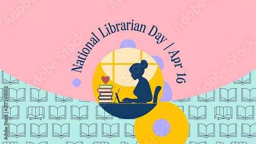National librarian day greeting card illustration featuring a reader silhouette book stack education day learning