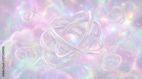 Iridescent Interconnected Rings Floating In A Dreamy Pastel Nebula Background With Soft Glow Effects