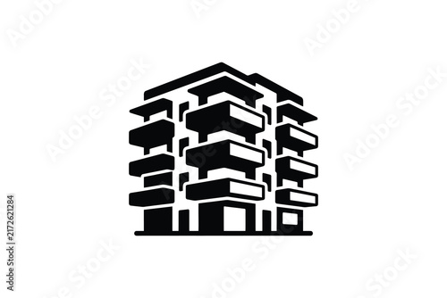 Minimalist black and white icon of a modern apartment building with balconies.