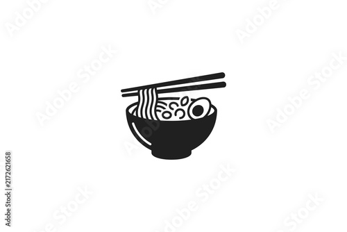 Minimalist black and white vector icon of a ramen bowl with chopsticks.