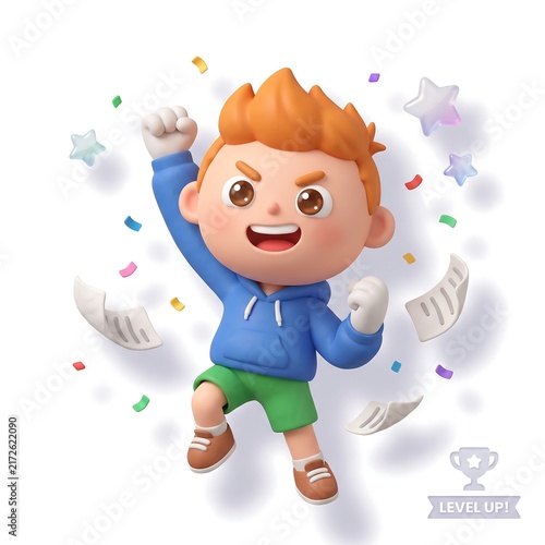 3D Boy Celebrating Victory and Level Up Achievement with Confetti on White Background