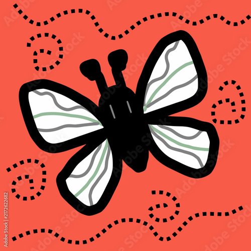 Hand Drawn Butterfly Illustration with Decorative Dotted Lines on Coral Background