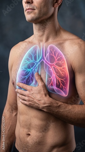 Man Holding Chest With Glowing Anatomical Lungs Illustration