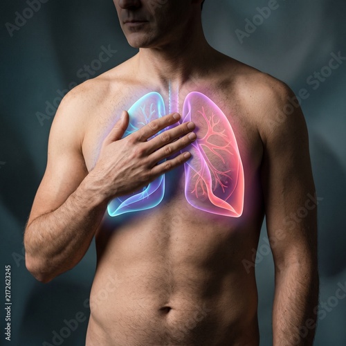 Glowing Human Lungs Overlay on Male Chest for Health Concept