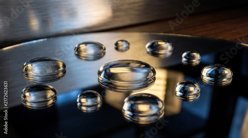 Clear water droplets on a dark reflective surface creating abstract light refractions