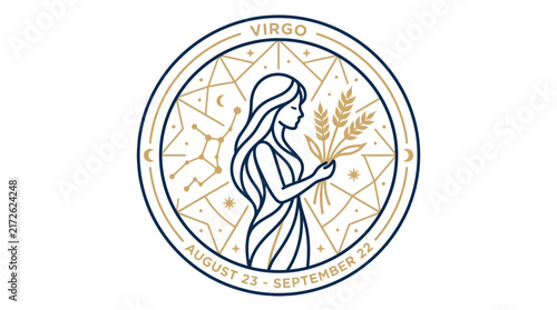 Virgo Zodiac Sign Emblem with Stylized Maiden Illustration