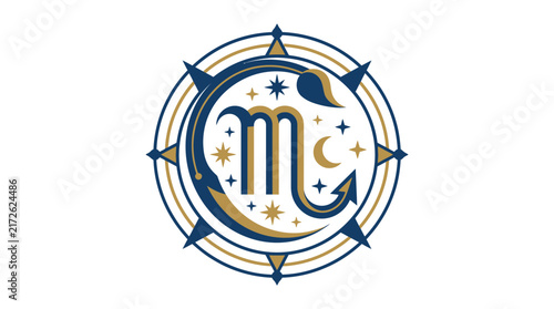 Scorpio Zodiac Sign Emblem With Celestial Compass Design