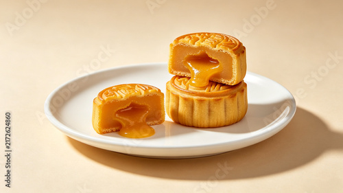 Traditional five‑nuts mooncake, classic Chinese mid‑autumn festival pastry on bamboo mat