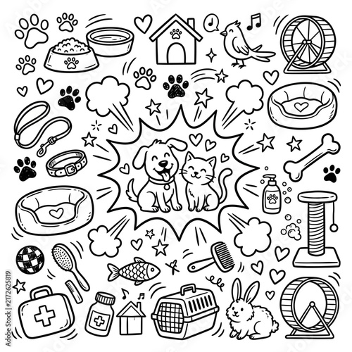 Pets and their essential accessories are illustrated in a playful pattern, showcasing the various items needed for their care and happiness in a fun and engaging way.