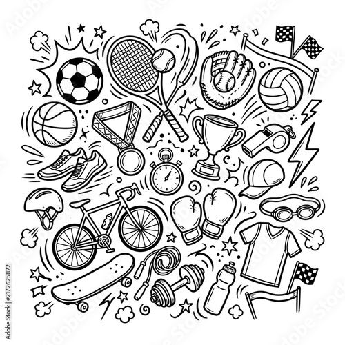 Sports equipment and accessories are illustrated in a creative doodle style with various items representing popular athletic activities and competitions.