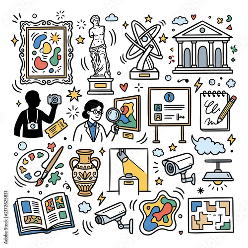 Art and culture elements are illustrated in a vibrant doodle style, encompassing various aspects of creativity and historical significance in artistic expression.
