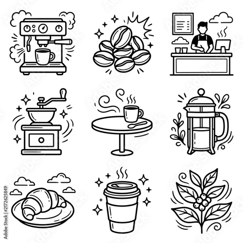 Coffee-related items are illustrated in a delightful doodle style, featuring essential beverages and pastries that create an inviting café atmosphere.