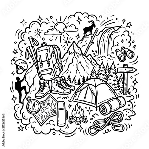 Outdoor adventure scene featuring hiking gear, a tent, and a mountain landscape inspires nature lovers to explore and connect with the wilderness.