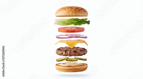 Burger Deconstructed Mid Air Layers Bun Patty Cheese Lettuce Tomato Floating Stacked Gaps Pure White

