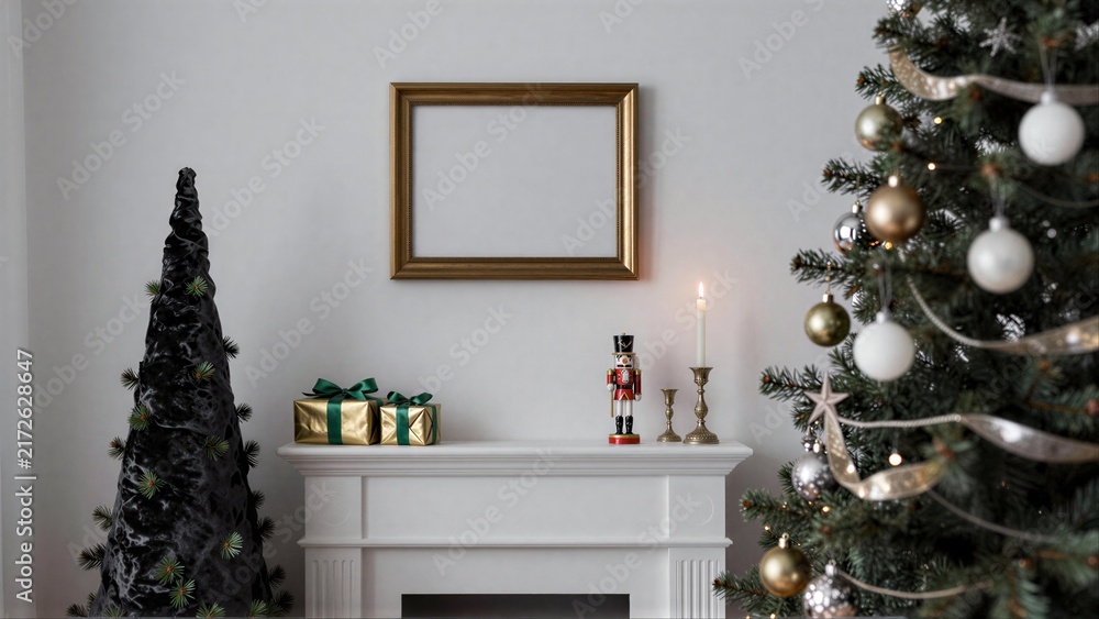 Naklejka premium Christmas tree adorned with gold and white ornaments beside a festive fireplace mantel.