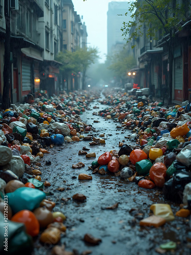 Street Flooded with Trash Bags and Litter in Urban Alley
