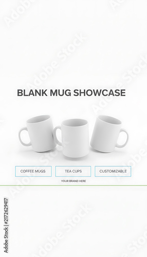 Three White Mugs Tilted on White Surface