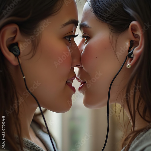 Two Young Women Wearing Earbuds Face to Face Closely Outdoors