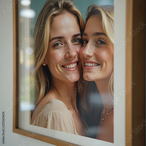 Two Women Smiling Close Up Reflected in Window