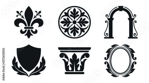 Set of black damask vector ornaments featuring fleur de lis, heraldic shield, floral scrollwork and architectural motifs for vintage luxury design