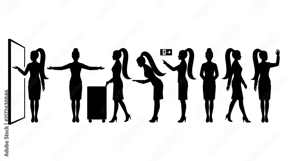 Obraz premium Set of black female silhouettes with diverse poses and hairstyles for fashion illustration, business presentation, vector collection