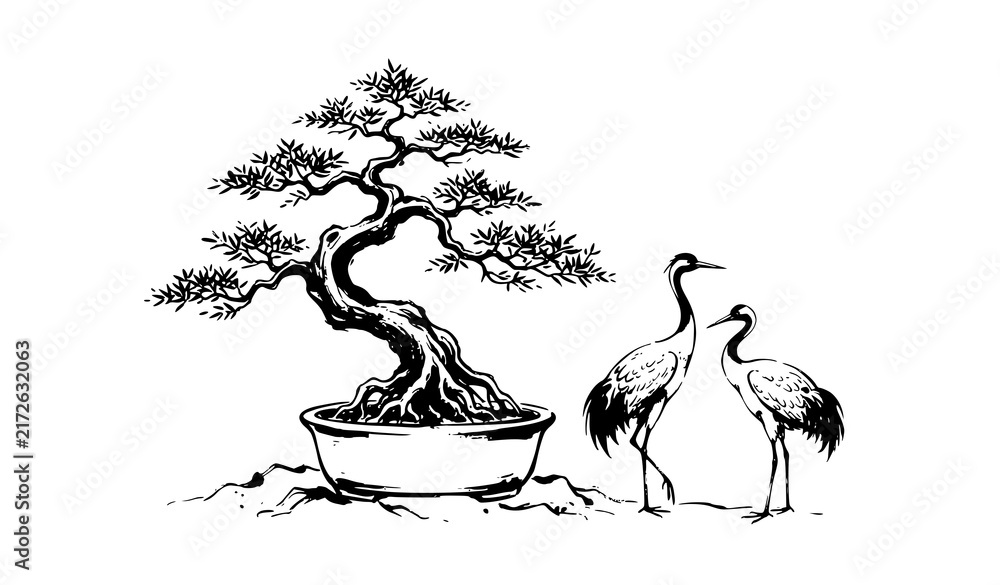 Naklejka premium Traditional Bonsai Tree and Crane Birds Hand Drawn Ink Illustration