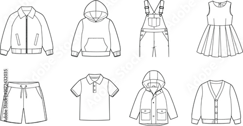 Black and White Line Drawings of Diverse Clothing Styles for Fashion Design Illustration