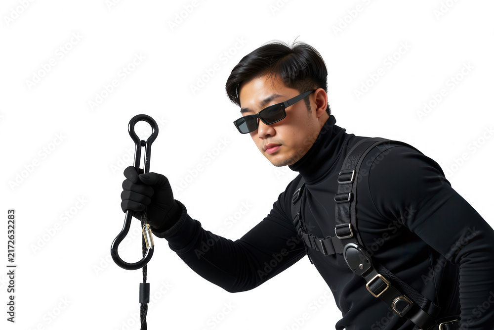 Obraz premium Man in black gear holds climbing rope