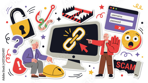 Elderly couple encountering cybersecurity threats, phishing link and online scam warning, digital safety awareness, hacking, fraud prevention