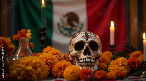Colorful Sugar Skull Centerpiece with Marigolds and Mexican Flag