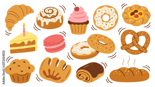 Set of assorted sweet bakery items including croissants, donuts, muffins, cakes, and pastries, perfect for cafe menus, food stickers, or digital
