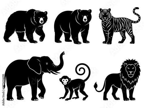 Wild Animal Silhouette Collection Featuring Lion, Tiger, Elephant, Bear, and Monkey Icons