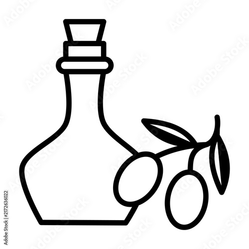 Fotografie Olive oil bottle line icon with olives for healthy cooking