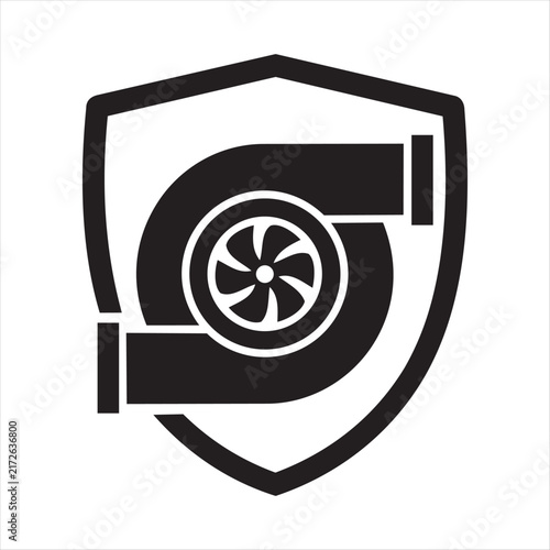 A black turbocharger symbol is securely displayed within a shield shape on a clean white background