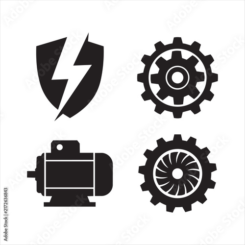 A collection of solid black icons showing a lightning shield, gear, motor, and a turbo fan