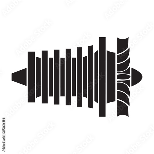 A detailed black stylized jet engine or turbine with multiple compressor stages on a white background