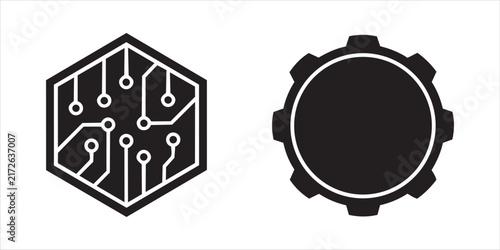 A hexagon circuit board element and a mechanical gear icon shown in black on a white field