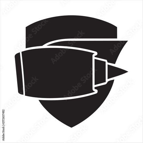 A strong black silhouette icon showing a modern jet engine protected within a shield shape on a white background