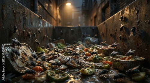 A dirty dumpster filled with rotting food waste and swarming flies in a dark city alley.