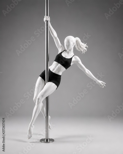 Athletic Mannequin Performing Dynamic Pole Dance Routine, Showcasing Strength and Flexibility, Isolated on Gray Background