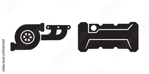Black silhouette icons depicting a turbocharger and an engine valve cover on a clean white background