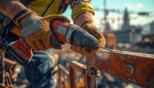 Construction worker using a cordless power drill on a metal beam at a building site.
